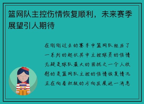 篮网队主控伤情恢复顺利，未来赛季展望引人期待