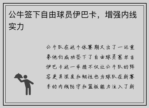 公牛签下自由球员伊巴卡，增强内线实力