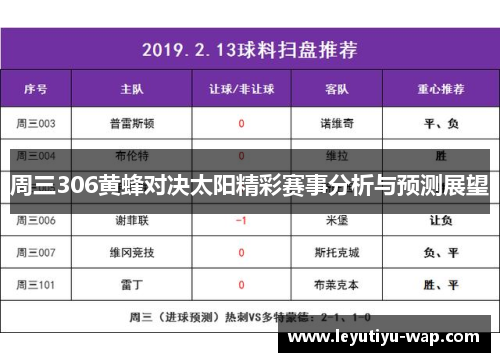 周三306黄蜂对决太阳精彩赛事分析与预测展望